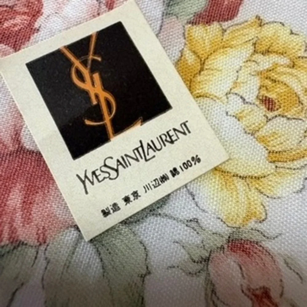 Vtg YVES SAINT LAURENT Scarf Handkerchief Floral Cotton Cream Pink Yellow 18.5